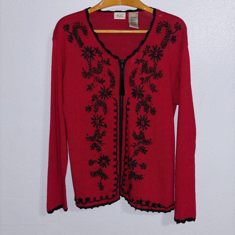 Kathie Lee Red Black Embroidered Cardigan L Ramie Cotton Vintage Grandmacore